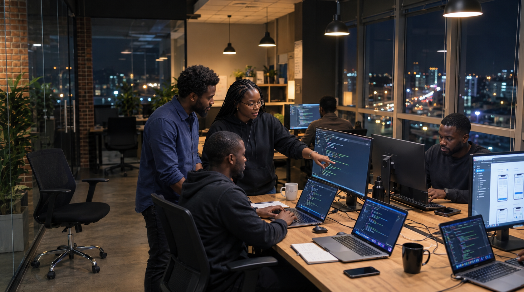 A software team collaborating over code on laptops and monitors in a modern office at night