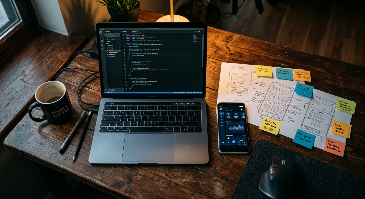 Workspace with code on a laptop, a mobile app prototype and wireframe sketches